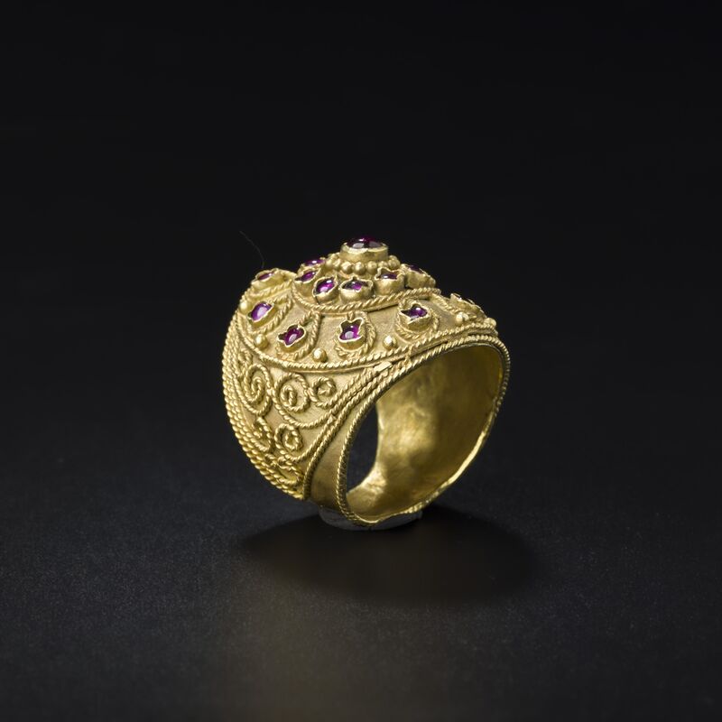 Domed Gold Ring with Granulation and Purple Cabochons