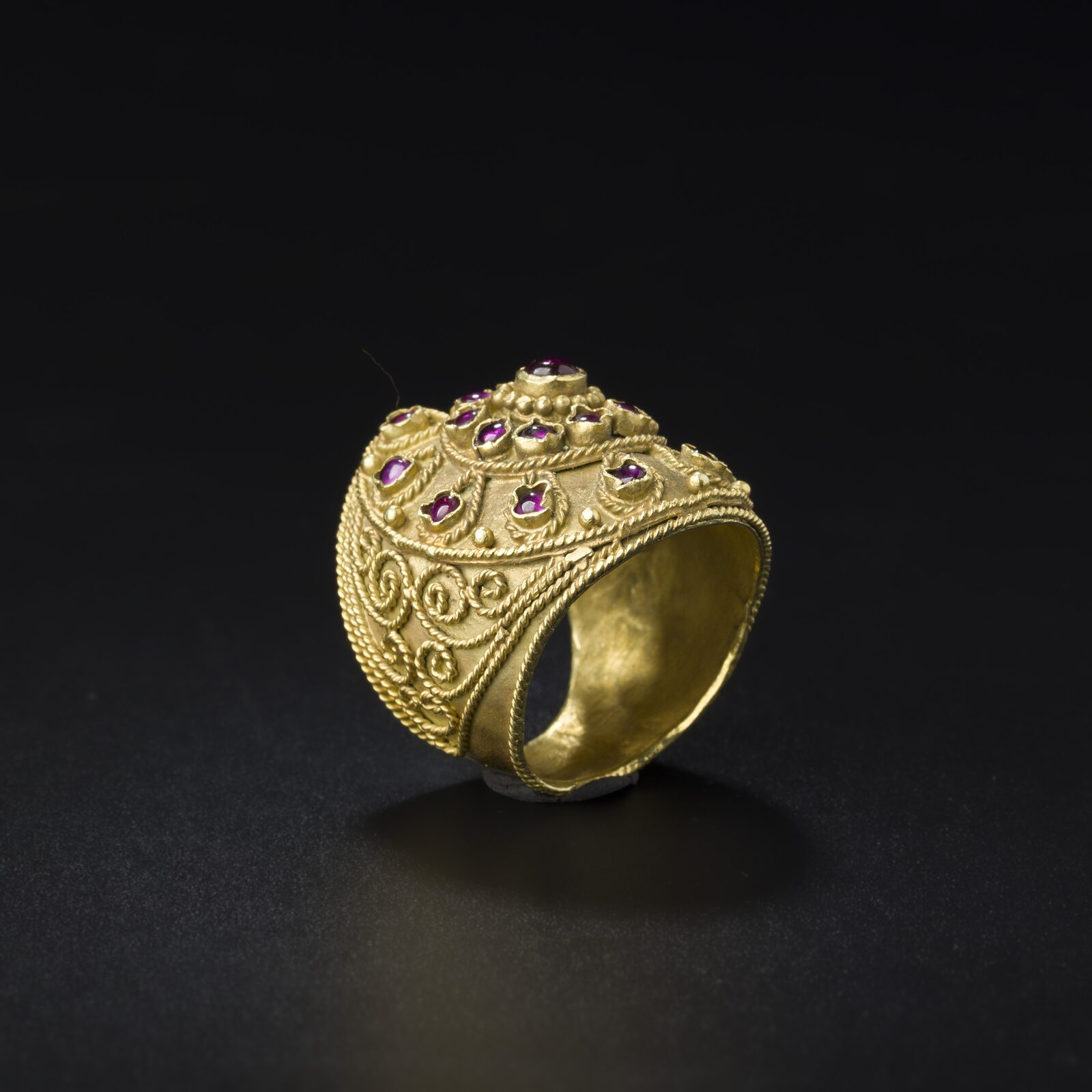 Domed Gold Ring with Granulation and Purple Cabochons